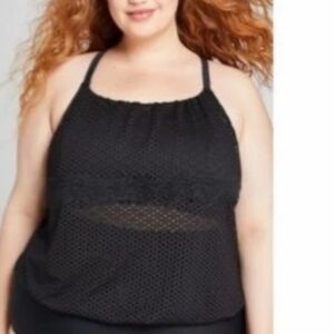 Cacique Black Mesh Blouson Racerback Tankini‎ Swimsuit Top Over No Wire Bra